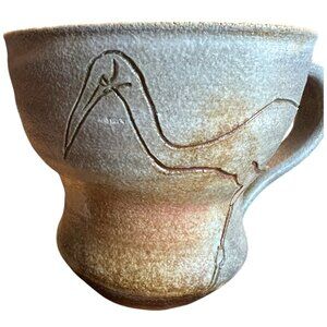 Pair of Handcrafted Pottery Mugs w Etched Cranes Anne Meyer
